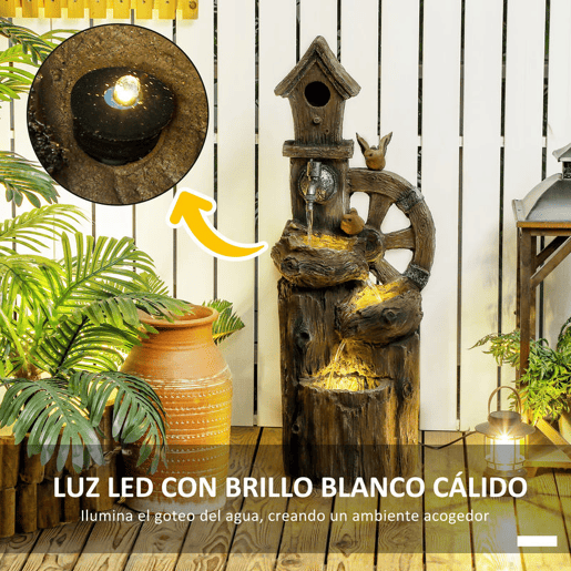 Outsunny Fonte de Jardim 2 em 1 com Casa para Pássaros Fonte de Água de Exterior com Luzes LED Bomba Fonte Decorativa com Troncos de Árvore Multicor
