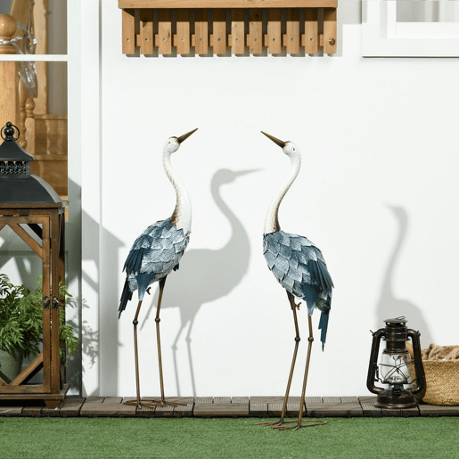 Outsunny Conjunto de 2 Peças Estátuas de Jardim de Cegonha em Aço Esculturas para Exteriores Decoração de Relvado Patio 26x15x74 cm Azul