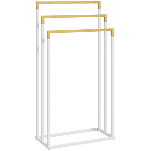 kleankin Toalheiro de Pé de 3 Níveis Toalheiro em Forma de Escada com 3 Barras de Bambu e Estrutura de Aço para Casa de Banho 45x22,5x86 cm Branco e Madeira