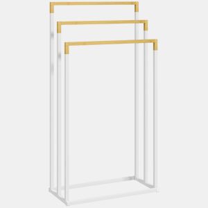 kleankin Toalheiro de Pé de 3 Níveis Toalheiro em Forma de Escada com 3 Barras de Bambu e Estrutura de Aço para Casa de Banho 45x22,5x86 cm Branco e Madeira