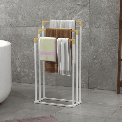 kleankin Toalheiro de Pé de 3 Níveis Toalheiro em Forma de Escada com 3 Barras de Bambu e Estrutura de Aço para Casa de Banho 45x22,5x86 cm Branco e Madeira