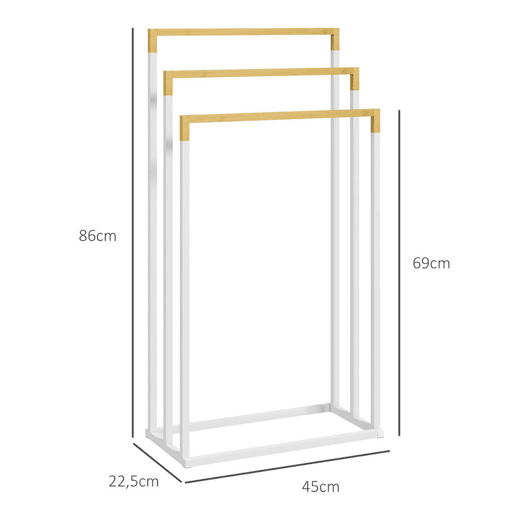 kleankin Toalheiro de Pé de 3 Níveis Toalheiro em Forma de Escada com 3 Barras de Bambu e Estrutura de Aço para Casa de Banho 45x22,5x86 cm Branco e Madeira