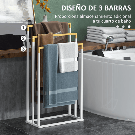kleankin Toalheiro de Pé de 3 Níveis Toalheiro em Forma de Escada com 3 Barras de Bambu e Estrutura de Aço para Casa de Banho 45x22,5x86 cm Branco e Madeira