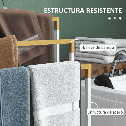 kleankin Toalheiro de Pé de 3 Níveis Toalheiro em Forma de Escada com 3 Barras de Bambu e Estrutura de Aço para Casa de Banho 45x22,5x86 cm Branco e Madeira