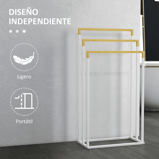kleankin Toalheiro de Pé de 3 Níveis Toalheiro em Forma de Escada com 3 Barras de Bambu e Estrutura de Aço para Casa de Banho 45x22,5x86 cm Branco e Madeira
