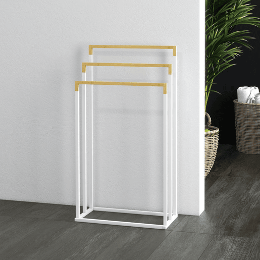 kleankin Toalheiro de Pé de 3 Níveis Toalheiro em Forma de Escada com 3 Barras de Bambu e Estrutura de Aço para Casa de Banho 45x22,5x86 cm Branco e Madeira