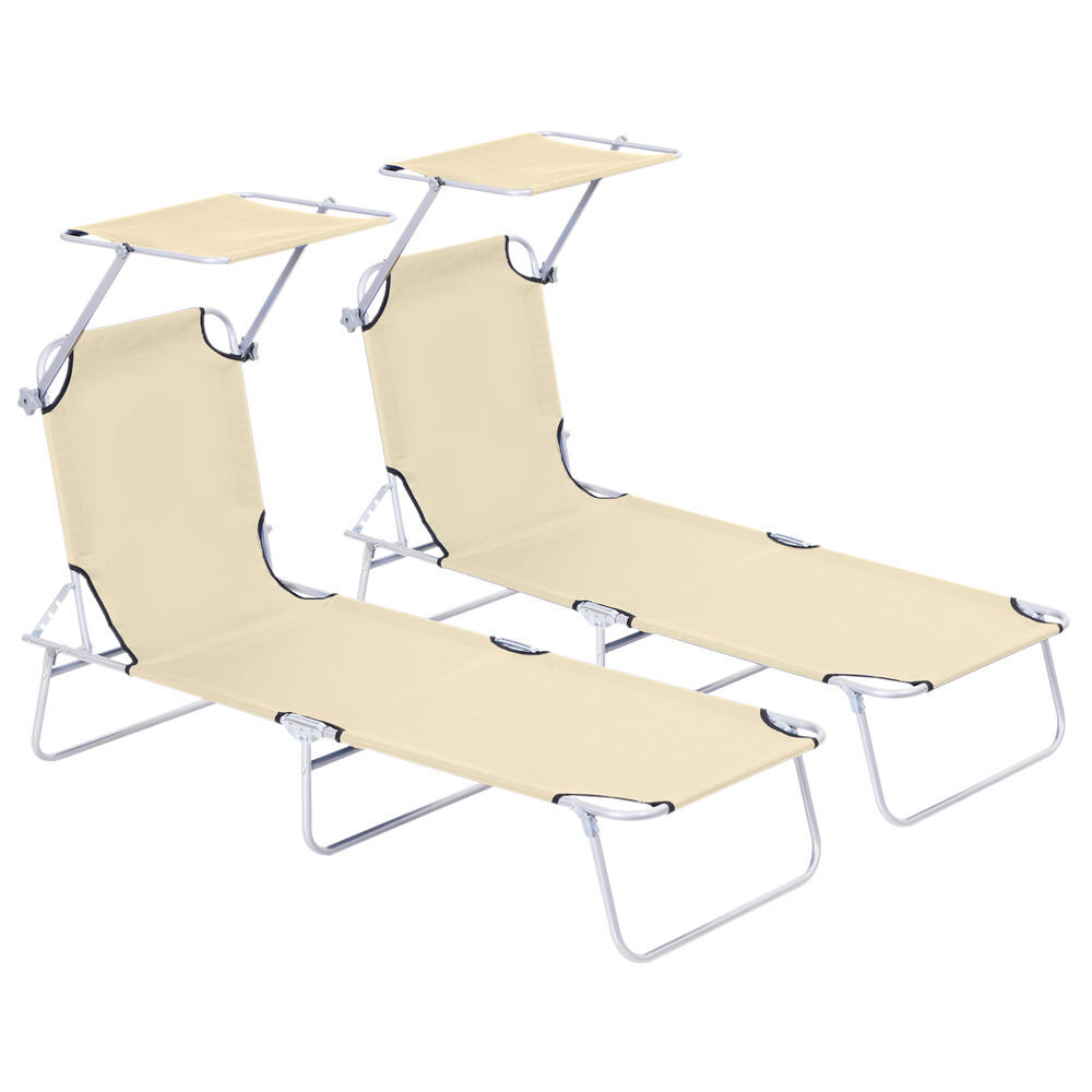 Outsunny conjunto de 2 tumbonas plegables tumbonas de jardín con toldo desmontable y regulable respaldo reclinable para terraza acampada 187x58x36 cm beige