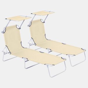 Outsunny Conjunto de 2 Espreguiçadeiras Dobráveis Espreguiçadeiras de Jardim com Toldo Removível e Ajustável Encosto Reclinável para Terraço Campismo 187x58x36 cm Bege