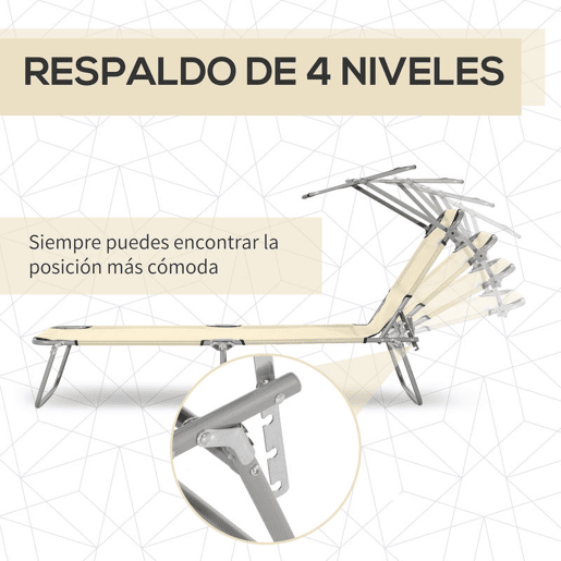 Outsunny Conjunto de 2 Espreguiçadeiras Dobráveis Espreguiçadeiras de Jardim com Toldo Removível e Ajustável Encosto Reclinável para Terraço Campismo 187x58x36 cm Bege