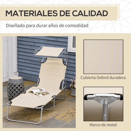 Outsunny Conjunto de 2 Espreguiçadeiras Dobráveis Espreguiçadeiras de Jardim com Toldo Removível e Ajustável Encosto Reclinável para Terraço Campismo 187x58x36 cm Bege