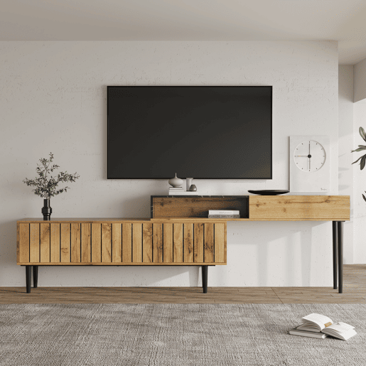 Móvel de TV 129cm de mdf com 2 portas giratórias,preto+madeira