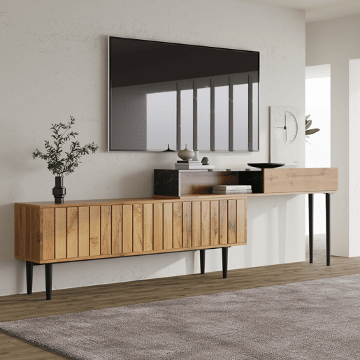Móvel de TV 129cm de mdf com 2 portas giratórias,preto+madeira