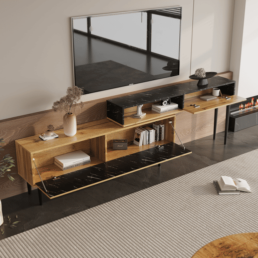 Móvel de TV 129cm de mdf com 2 portas giratórias,preto+madeira