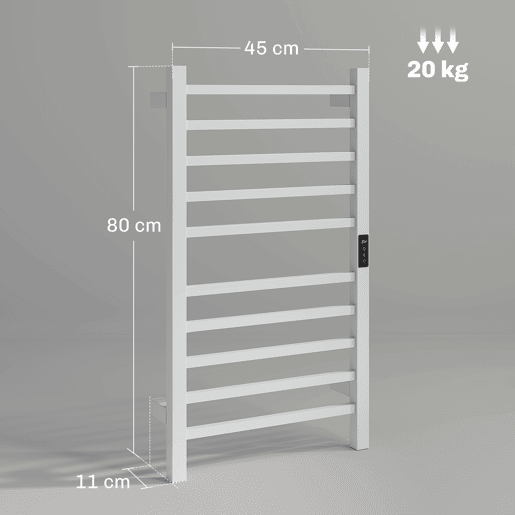 HOMCOM Toallero Elétrico de Parede 110W Toalheiro Elétrico com Controlo WIFI Ecrã Tátil Temporizador 10 Barras Temperatura Ajustável Baixo Consumo IPX4 45x11x80 cm Branco