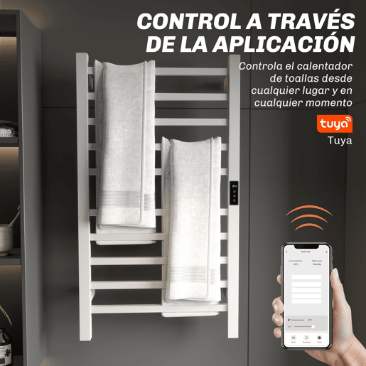 HOMCOM Toallero Elétrico de Parede 110W Toalheiro Elétrico com Controlo WIFI Ecrã Tátil Temporizador 10 Barras Temperatura Ajustável Baixo Consumo IPX4 45x11x80 cm Branco