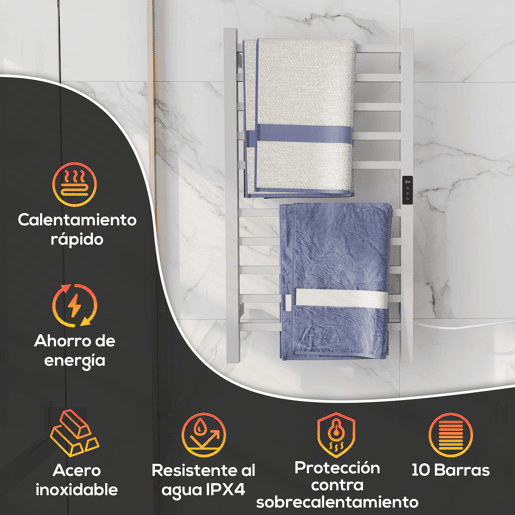 HOMCOM Toallero Elétrico de Parede 110W Toalheiro Elétrico com Controlo WIFI Ecrã Tátil Temporizador 10 Barras Temperatura Ajustável Baixo Consumo IPX4 45x11x80 cm Branco