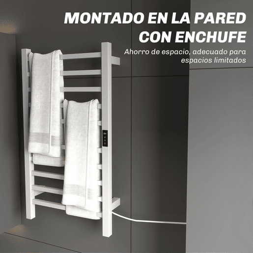 HOMCOM Toallero Elétrico de Parede 110W Toalheiro Elétrico com Controlo WIFI Ecrã Tátil Temporizador 10 Barras Temperatura Ajustável Baixo Consumo IPX4 45x11x80 cm Branco