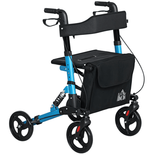 HOMCOM Andarilho Idosos Dobrável de Alumínio Andador para Pessoas Maiores com Assento e 4 Rodas Andarrilho com Altura Ajustável Travão e Bolsa de Transporte 66x65x80-93 cm Preto e Azul