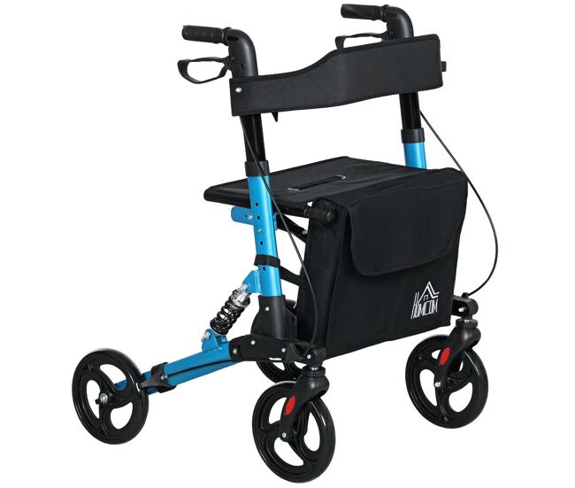 Homcom andador para ancianos plegable de aluminio andador para personas mayores con asiento y 4 ruedas andador con altura ajustable frenos de maneta y bolsa de transporte azul y negro