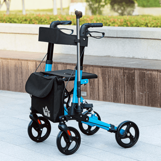 HOMCOM Andarilho Idosos Dobrável de Alumínio Andador para Pessoas Maiores com Assento e 4 Rodas Andarrilho com Altura Ajustável Travão e Bolsa de Transporte 66x65x80-93 cm Preto e Azul