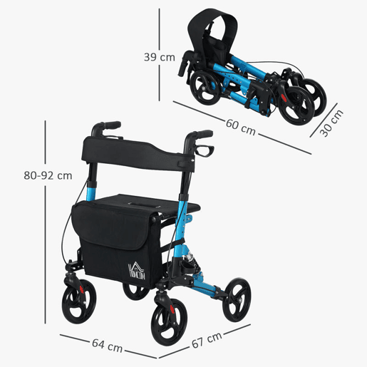 HOMCOM Andarilho Idosos Dobrável de Alumínio Andador para Pessoas Maiores com Assento e 4 Rodas Andarrilho com Altura Ajustável Travão e Bolsa de Transporte 66x65x80-93 cm Preto e Azul