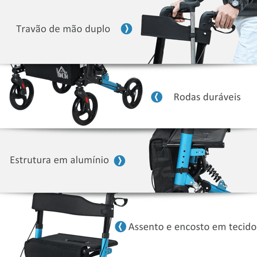 HOMCOM Andarilho Idosos Dobrável de Alumínio Andador para Pessoas Maiores com Assento e 4 Rodas Andarrilho com Altura Ajustável Travão e Bolsa de Transporte 66x65x80-93 cm Preto e Azul