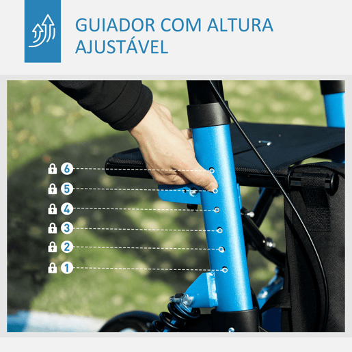 HOMCOM Andarilho Idosos Dobrável de Alumínio Andador para Pessoas Maiores com Assento e 4 Rodas Andarrilho com Altura Ajustável Travão e Bolsa de Transporte 66x65x80-93 cm Preto e Azul