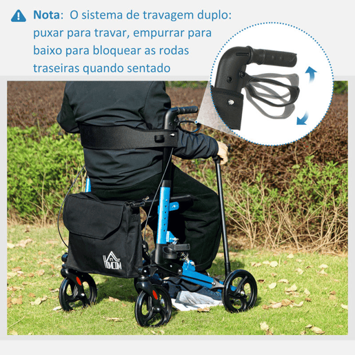 HOMCOM Andarilho Idosos Dobrável de Alumínio Andador para Pessoas Maiores com Assento e 4 Rodas Andarrilho com Altura Ajustável Travão e Bolsa de Transporte 66x65x80-93 cm Preto e Azul