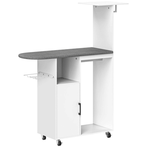 HOMCOM Móvel de Engomar Roupa com Rodas e Suporte Lateral Móvel de Passagem com Tábua de Passar Barra para Roupa Prateleira Ajustável 127,5x43,5x153 cm Branco