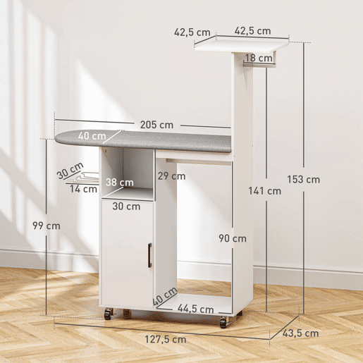 HOMCOM Móvel de Engomar Roupa com Rodas e Suporte Lateral Móvel de Passagem com Tábua de Passar Barra para Roupa Prateleira Ajustável 127,5x43,5x153 cm Branco