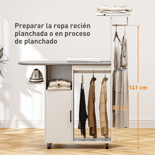 HOMCOM Móvel de Engomar Roupa com Rodas e Suporte Lateral Móvel de Passagem com Tábua de Passar Barra para Roupa Prateleira Ajustável 127,5x43,5x153 cm Branco