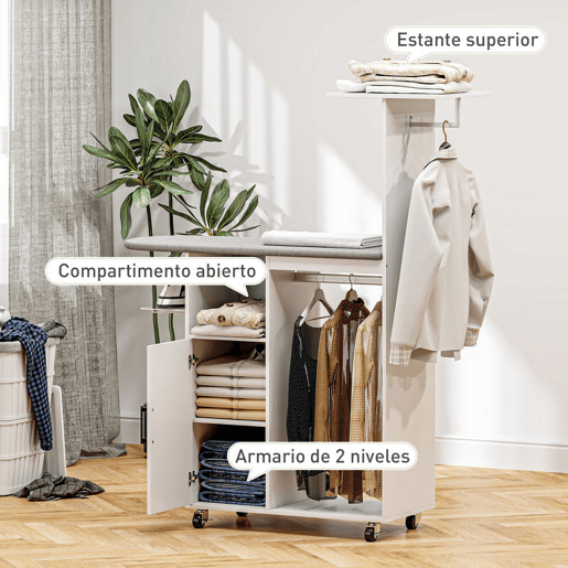 HOMCOM Móvel de Engomar Roupa com Rodas e Suporte Lateral Móvel de Passagem com Tábua de Passar Barra para Roupa Prateleira Ajustável 127,5x43,5x153 cm Branco