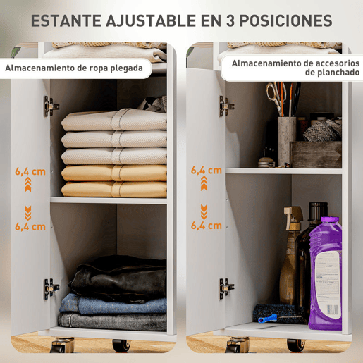 HOMCOM Móvel de Engomar Roupa com Rodas e Suporte Lateral Móvel de Passagem com Tábua de Passar Barra para Roupa Prateleira Ajustável 127,5x43,5x153 cm Branco