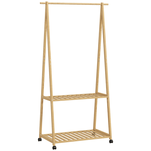 HOMCOM Charriot de Bambu para Roupa Charriot para Roupa com Rodas 2 Prateleiras Abertas e 2 Ganchos para Entrada Corredor Dormitório 84,5x43,5x158 cm Madeira