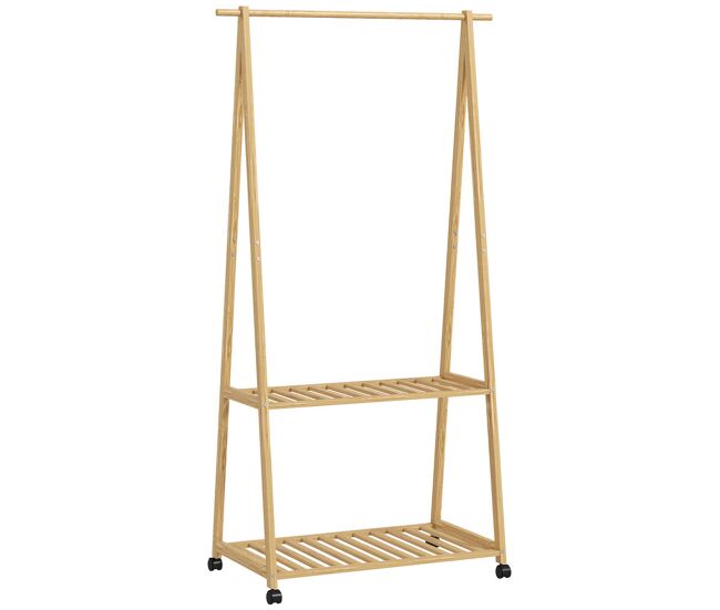 Homcom burro para ropa de bambú perchero burro para ropa con ruedas 2 estantes abiertos y 2 ganchos perchero para entrada pasillo dormitorio 84,5x43,5x158 cm natural