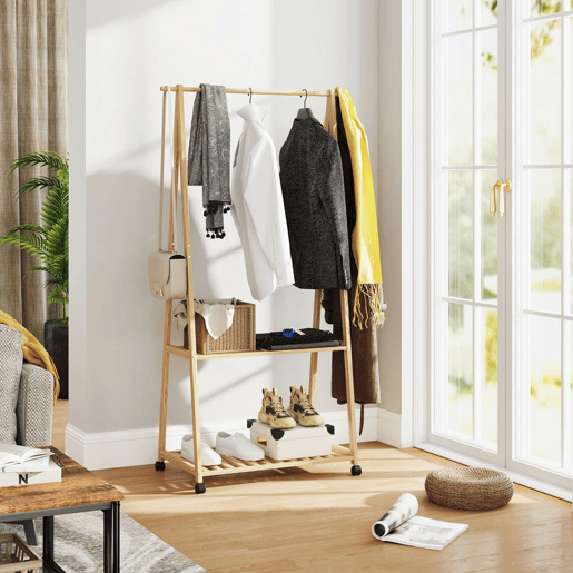 HOMCOM Charriot de Bambu para Roupa Charriot para Roupa com Rodas 2 Prateleiras Abertas e 2 Ganchos para Entrada Corredor Dormitório 84,5x43,5x158 cm Madeira