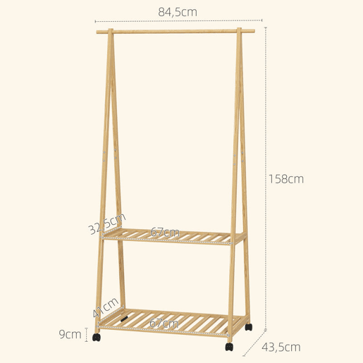 HOMCOM Charriot de Bambu para Roupa Charriot para Roupa com Rodas 2 Prateleiras Abertas e 2 Ganchos para Entrada Corredor Dormitório 84,5x43,5x158 cm Madeira