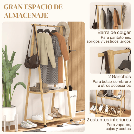 HOMCOM Charriot de Bambu para Roupa Charriot para Roupa com Rodas 2 Prateleiras Abertas e 2 Ganchos para Entrada Corredor Dormitório 84,5x43,5x158 cm Madeira