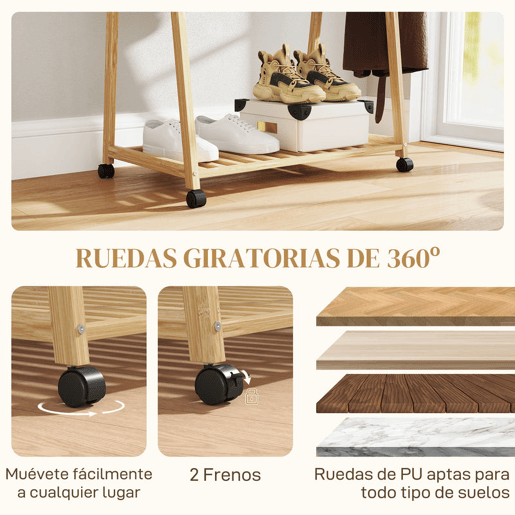 HOMCOM Charriot de Bambu para Roupa Charriot para Roupa com Rodas 2 Prateleiras Abertas e 2 Ganchos para Entrada Corredor Dormitório 84,5x43,5x158 cm Madeira
