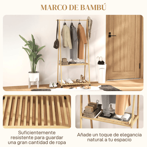HOMCOM Charriot de Bambu para Roupa Charriot para Roupa com Rodas 2 Prateleiras Abertas e 2 Ganchos para Entrada Corredor Dormitório 84,5x43,5x158 cm Madeira