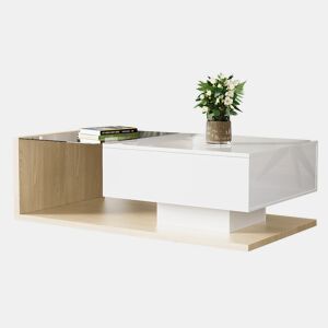 Mesa de centro retangular de painel de partículas com 1 gaveta e luz led,branco+natural