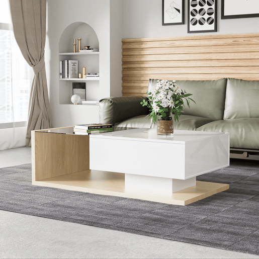 Mesa de centro retangular de painel de partículas com 1 gaveta e luz led,branco+natural