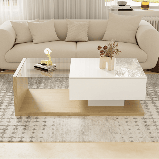 Mesa de centro retangular de painel de partículas com 1 gaveta e luz led,branco+natural