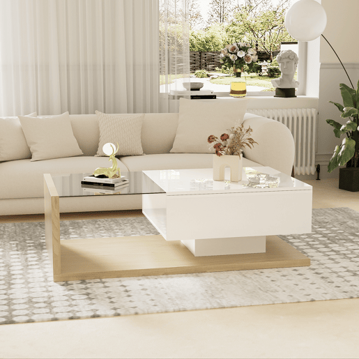 Mesa de centro retangular de painel de partículas com 1 gaveta e luz led,branco+natural