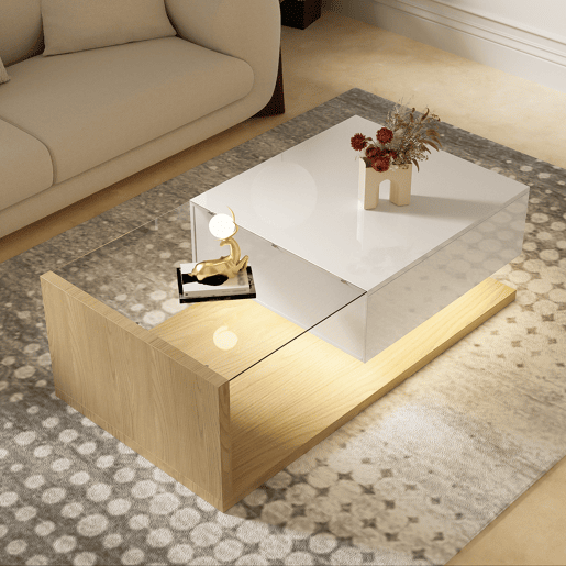 Mesa de centro retangular de painel de partículas com 1 gaveta e luz led,branco+natural