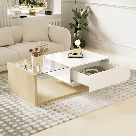 Mesa de centro retangular de painel de partículas com 1 gaveta e luz led,branco+natural