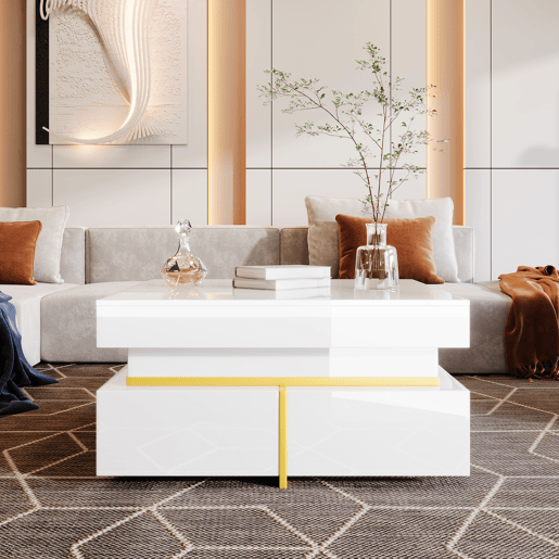 Mesa de centro quadrada de painel de partículas com 2 gavetas,branco