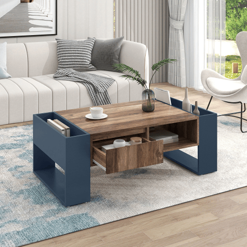 Mesa de centro retangular de painel de partÃculas com 1 gaveta,cinza+madeira Mesa de centro retangular de painel de partÃculas com 1 gaveta,cinza+madeira