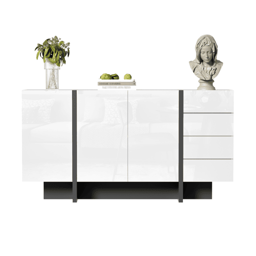 Aparador de mdf e painel de partículas com 2 portas e 4 gavetas,branco+preto