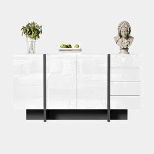 Aparador de mdf e painel de partículas com 2 portas e 4 gavetas,branco+preto